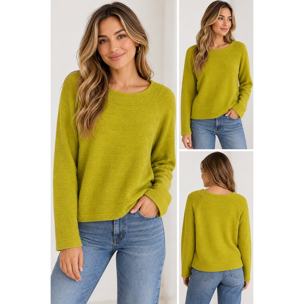 NWT Vince Womens Chartreuse Wool Blend Textured Crew Neck Sweater L Green/Yellow